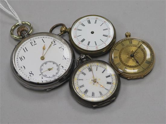 An 18ct gold fob watch, two other fob watches and a pocket watch.